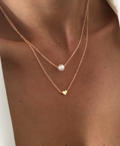 Collier double chaine pendentif coeur perle