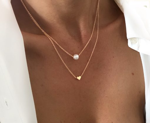 Collier double chaine pendentif coeur perle