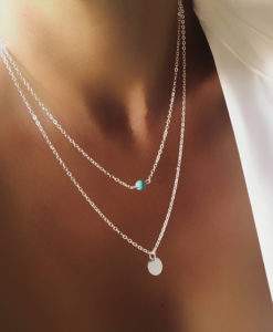 Collier double chaine argent medaille pierre turquoise