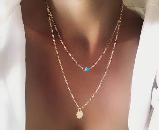 Collier multirangs medaille pierre turquoise